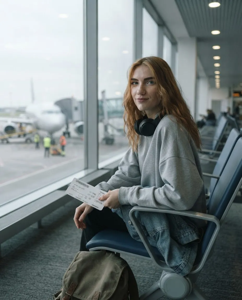 Young woman at an airport gate window with an aircraft on the stand outside in cool daylight