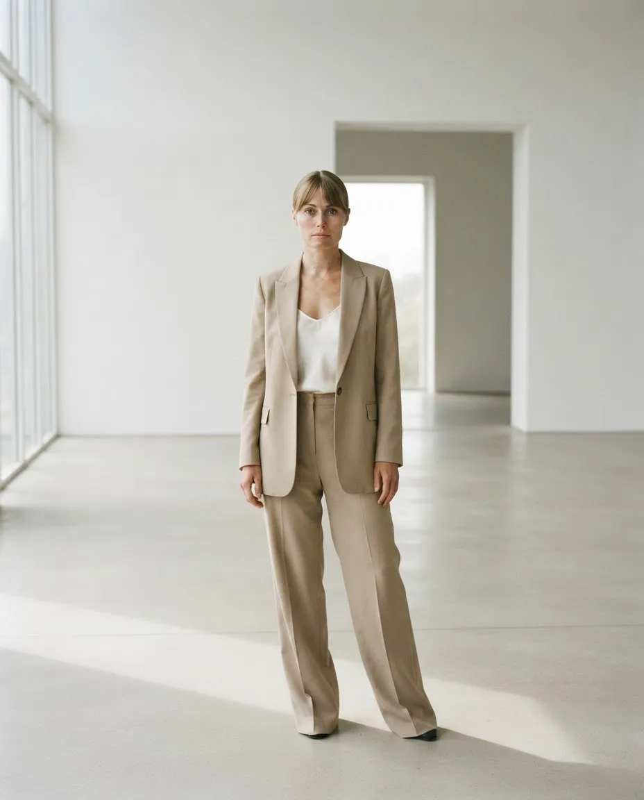 Woman in a tailored beige suit standing in a white gallery space with polished concrete floors