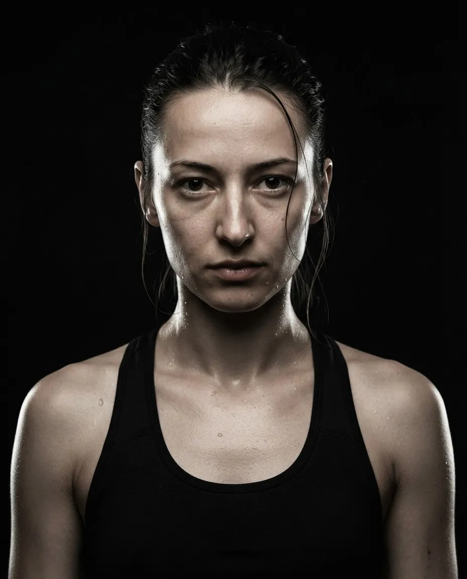 Dramatic athletic studio portrait with twin rim lights carving the shoulders out of a dark background