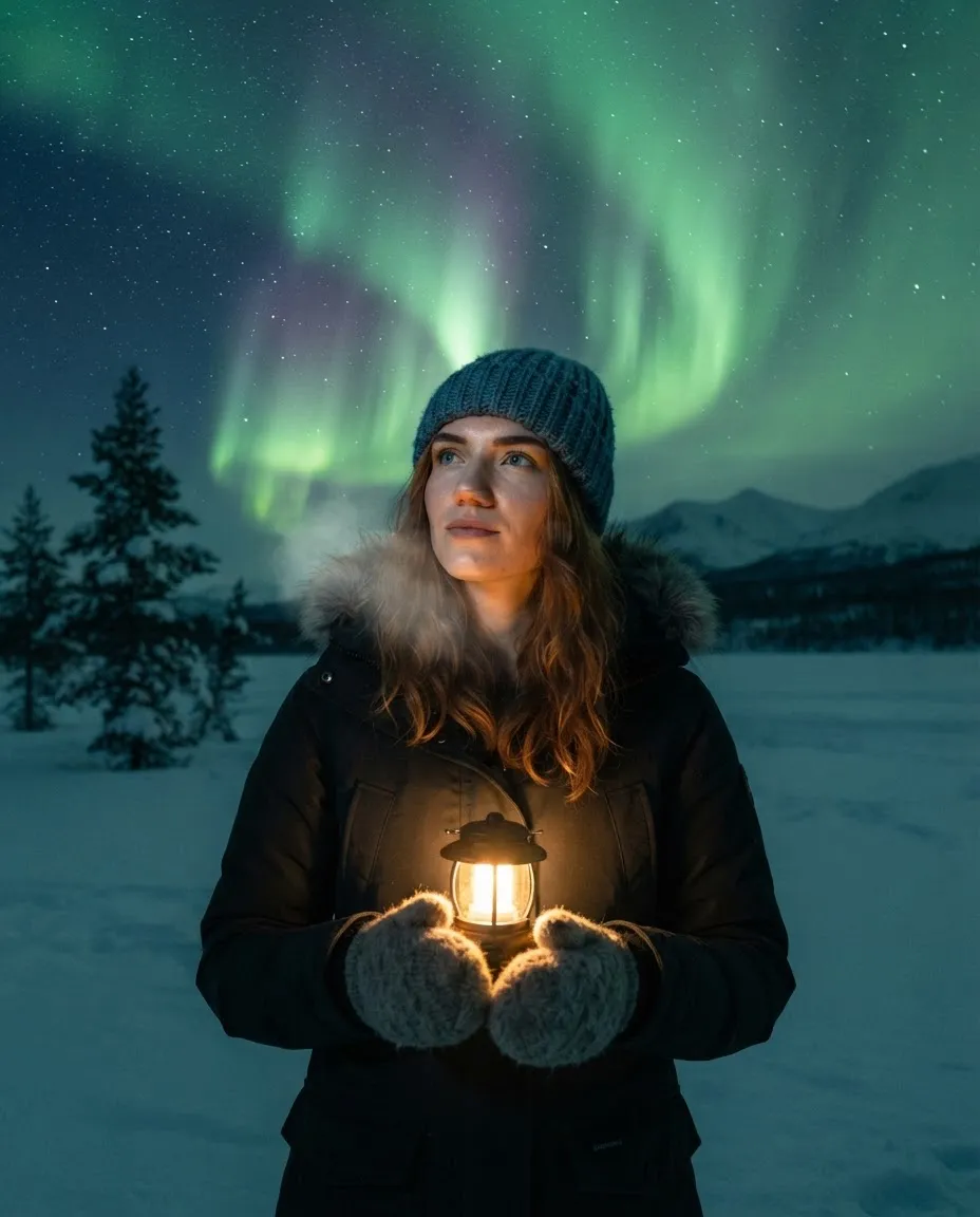 Young woman standing on snow under green northern lights with a warm lantern lighting her face