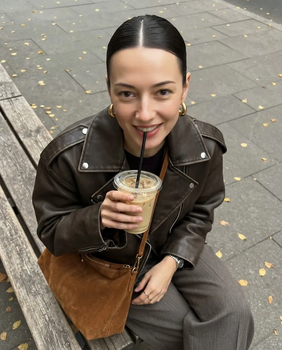 Top-down street photo of a woman on a bench in a brown leather jacket holding an iced coffee