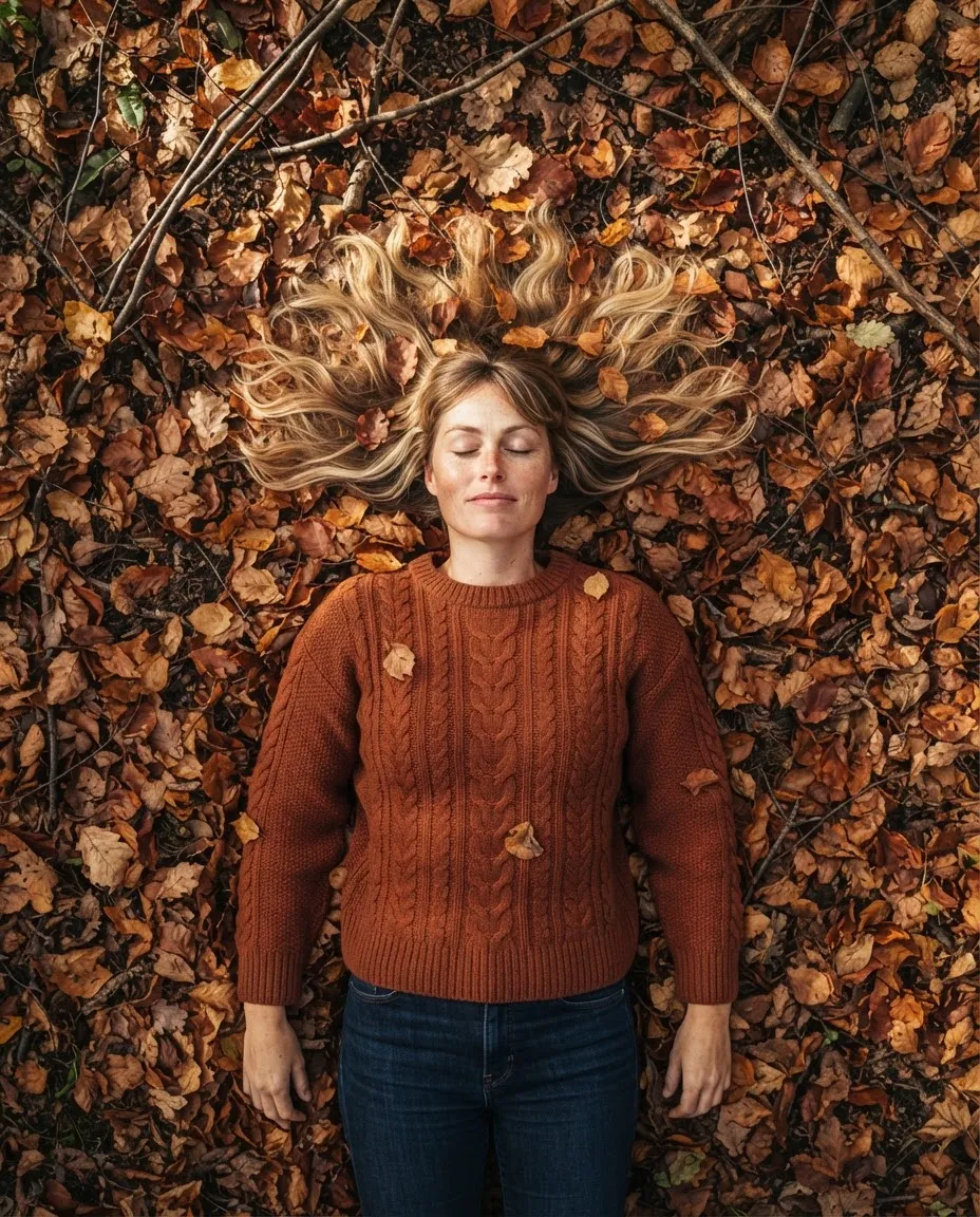 Overhead shot of a woman in a rust knit sweater lying on an autumn forest floor covered in fallen leaves