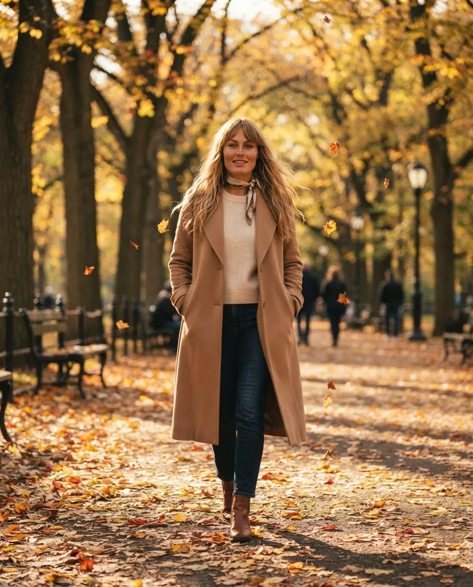 Woman in a long camel trench coat walking through fallen yellow leaves in an autumn park