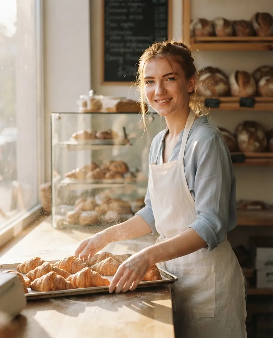 Young woman behind a bakery counter with trays of pastries and warm morning light through the window