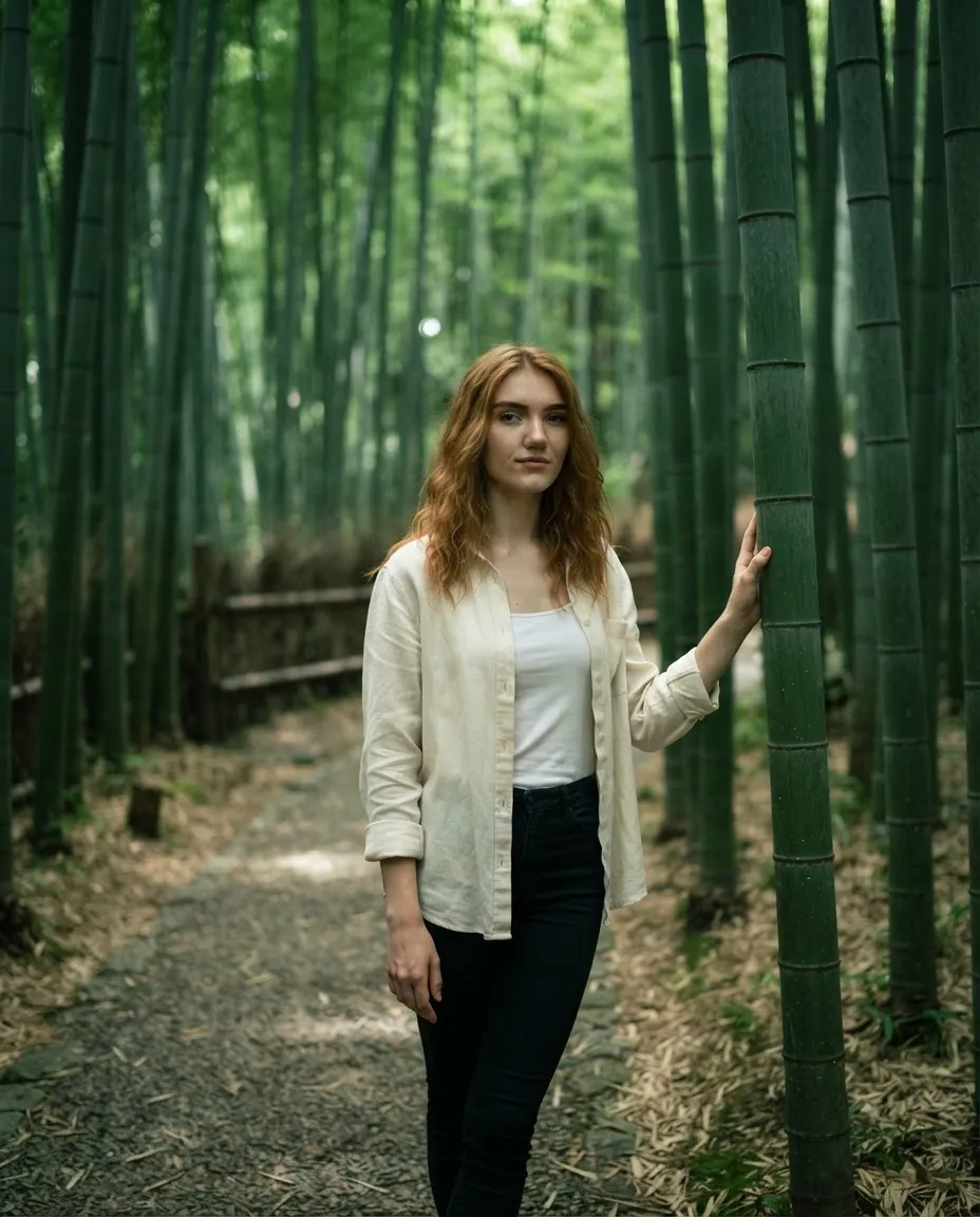 Young woman on a narrow path in a tall bamboo forest with green light filtering down