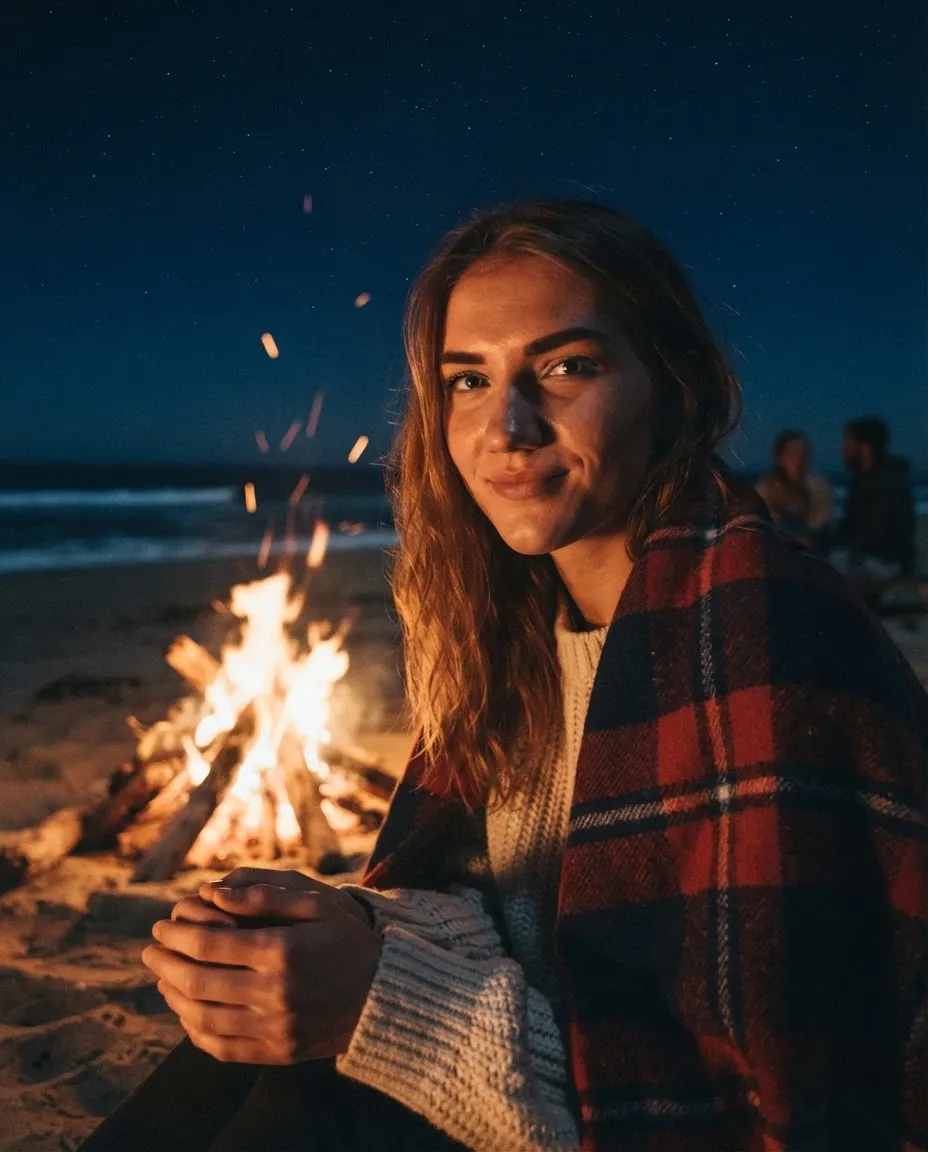 Young woman lit by a beach bonfire at night with sparks rising and dark sea behind
