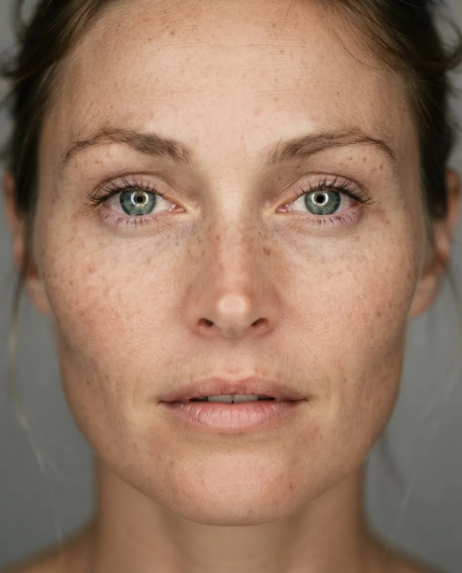 Extreme close-up beauty portrait showing freckles, lashes and natural skin texture in soft light