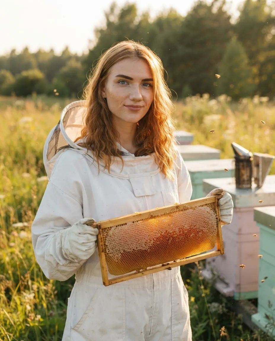 Young woman in a beekeeping suit holding a honeycomb frame in a sunlit apiary