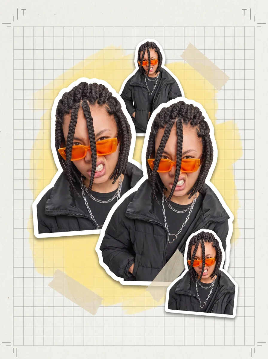 The collage effect: the subject cut out five times on a graph paper page