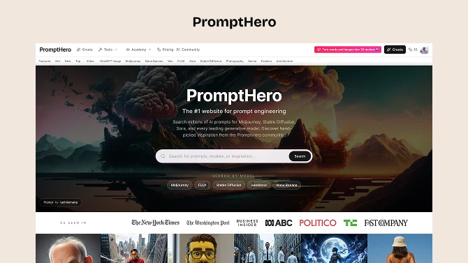 PromptHero — a large free index of prompts, searchable by model