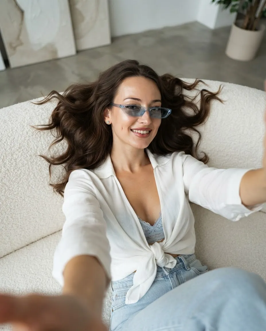 Woman lying on a white boucle sofa taking an overhead selfie in blue sunglasses and light jeans