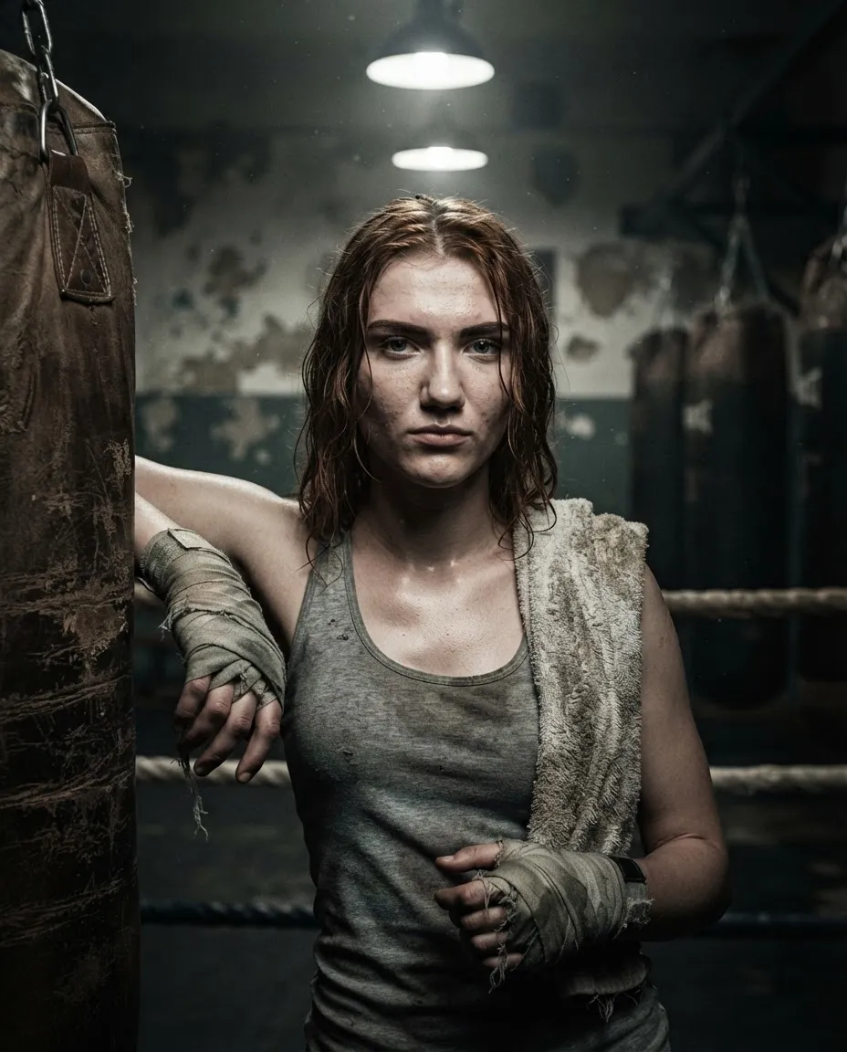 Young woman with wrapped hands beside a heavy bag in an old boxing gym under hard overhead light