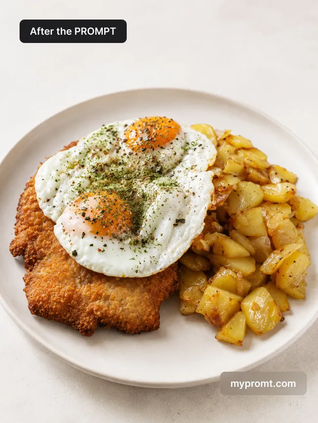 Schnitzel with a fried egg and roast potatoes on a white plate against a bright ivory background