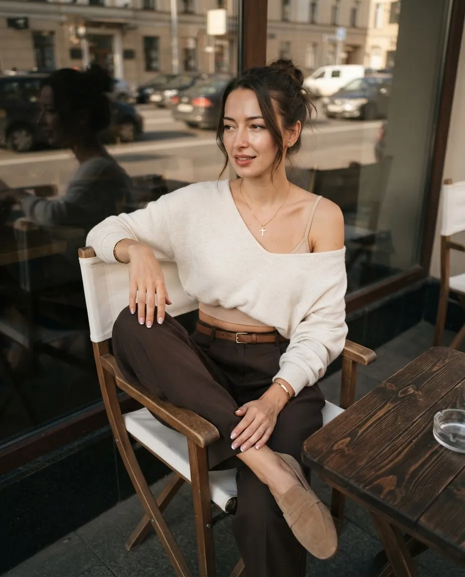 Woman on a wooden folding chair by a cafe window with a city street visible through the glass
