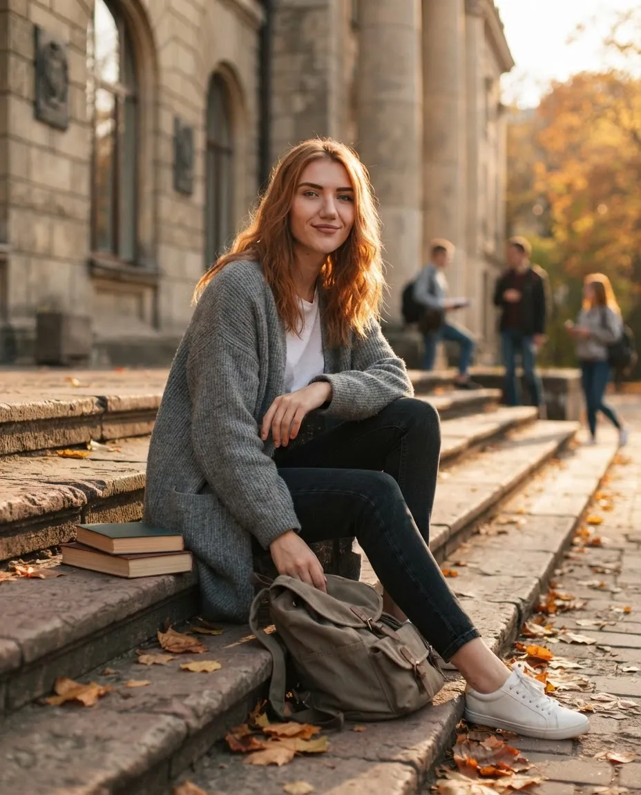 Young woman with books sitting on stone campus steps in low autumn sunlight