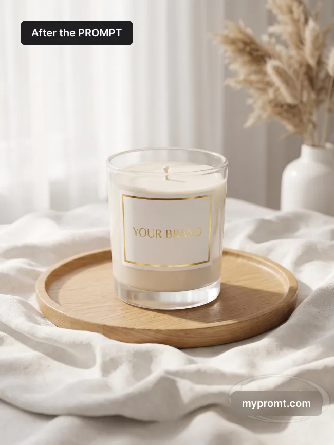 Candle lifestyle shot on linen and light wood — AI prompt result (after)