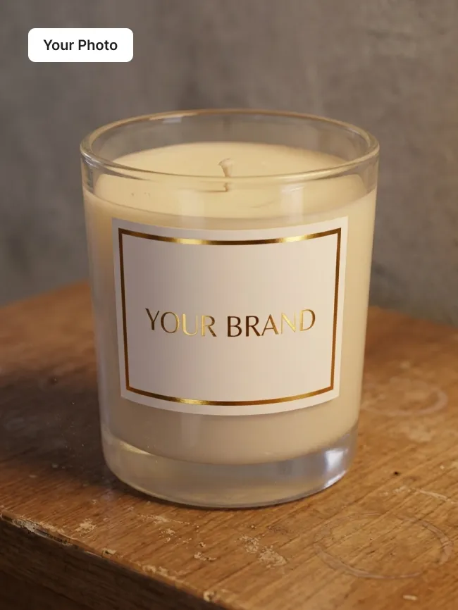 Candle lifestyle shot on linen and light wood — original photo (before)