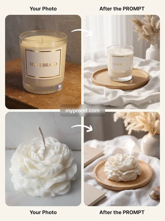 Candle lifestyle shot on linen and light wood — example 2