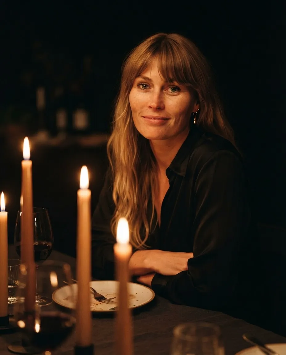 Woman at a dinner table lit only by candles, warm light on her face and deep shadows around