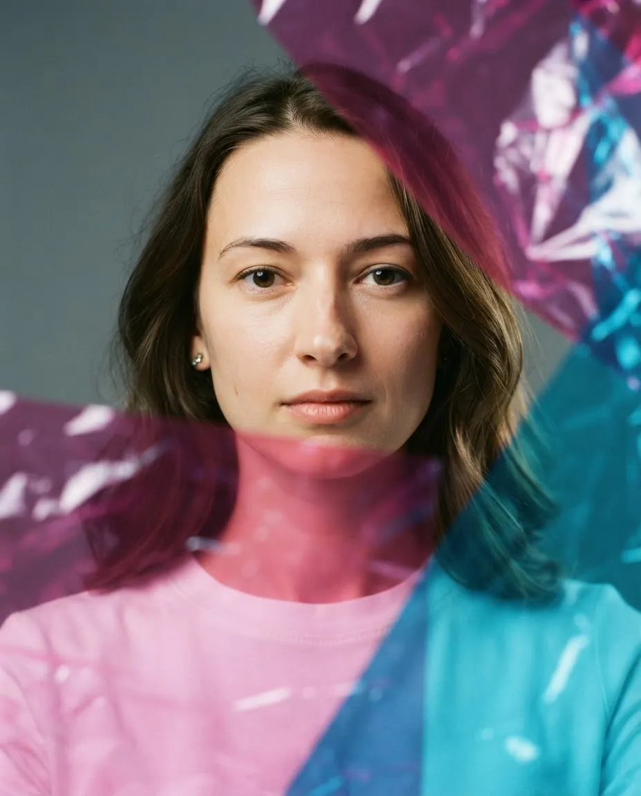 Editorial portrait shot through crumpled coloured cellophane distorting parts of the face