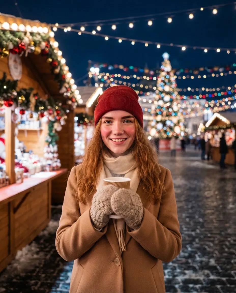 Young woman holding a steaming cup at a Christmas market at night among lit wooden stalls
