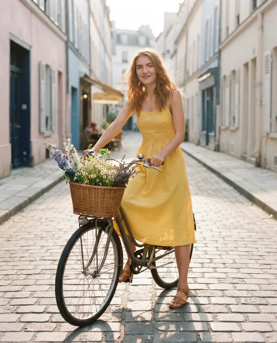 Young woman with a vintage bicycle and a flower basket on a sunlit European street