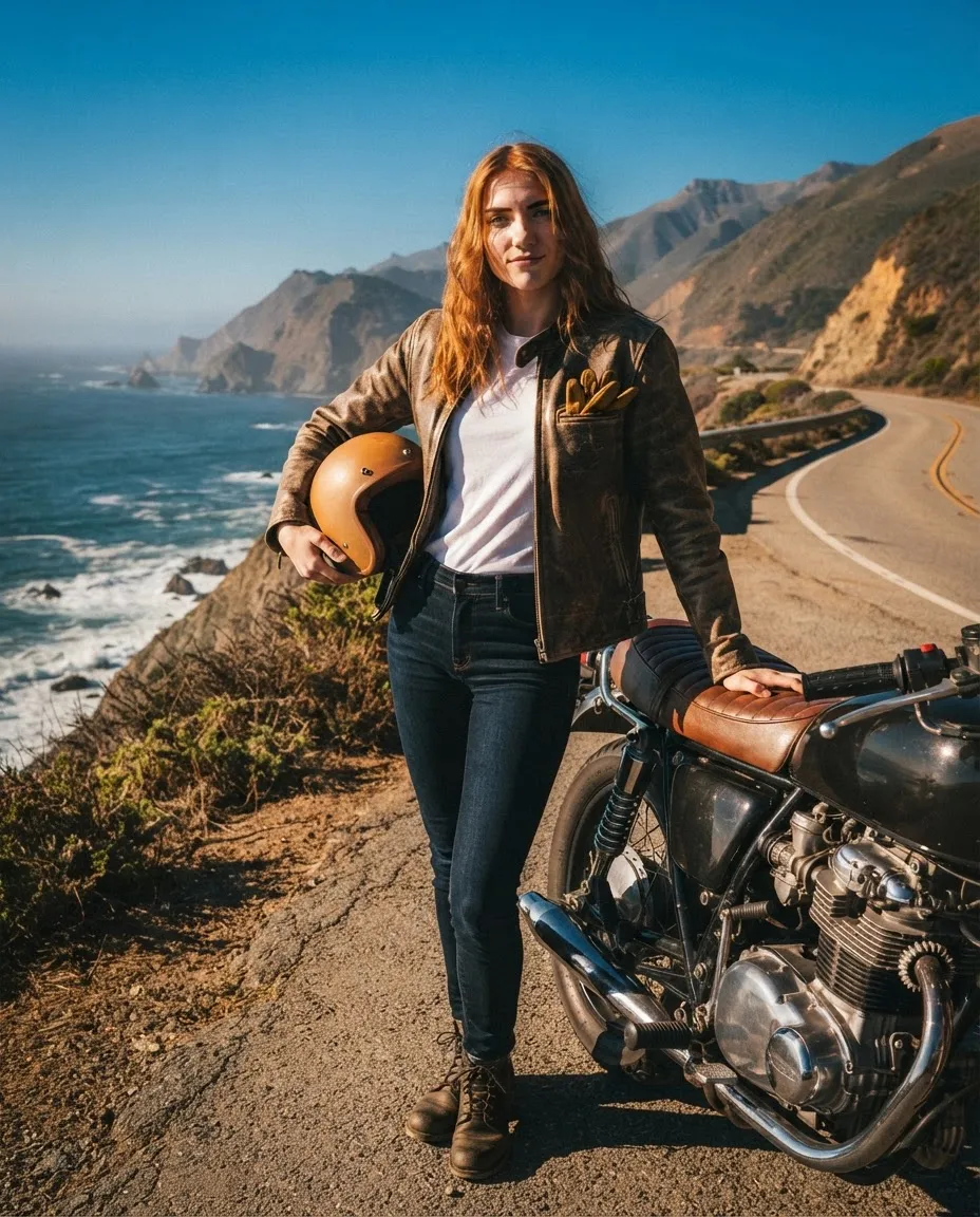 Young woman with a helmet under her arm beside a motorcycle on a coastal cliff road