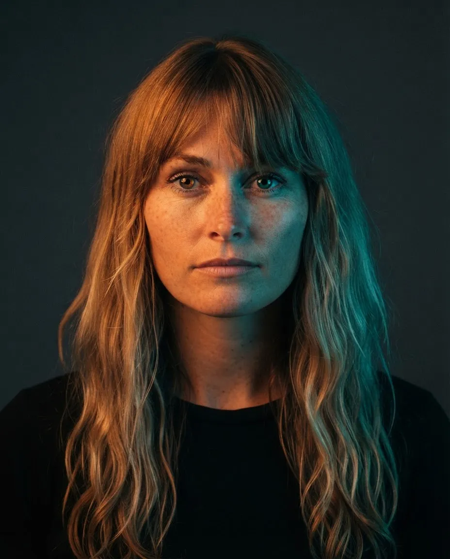 Studio portrait lit with orange and teal colour gels meeting across the face on a dark backdrop