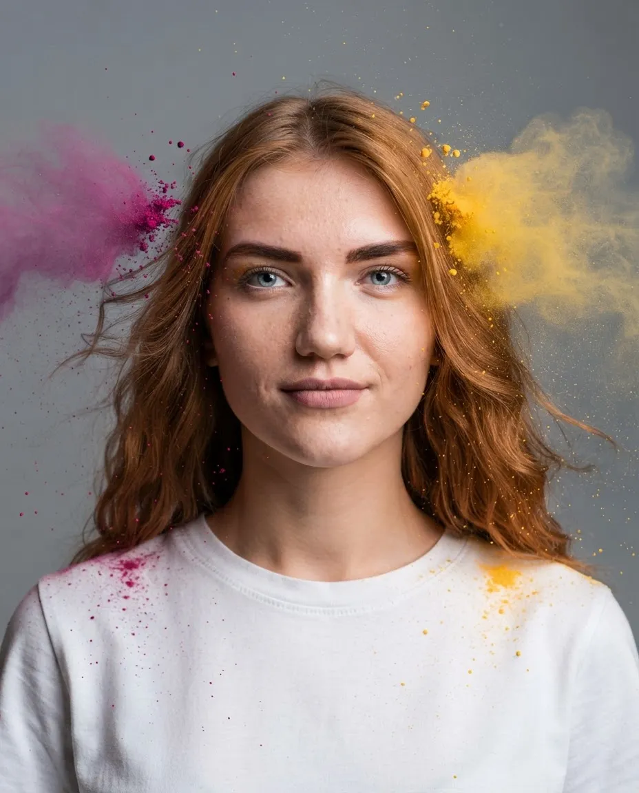 Studio portrait surrounded by frozen clouds of magenta and saffron colour powder