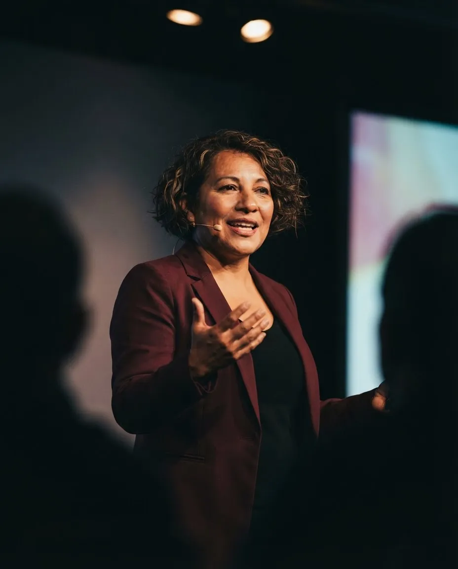 Woman speaking on a conference stage under warm spotlights with a blurred audience in the dark