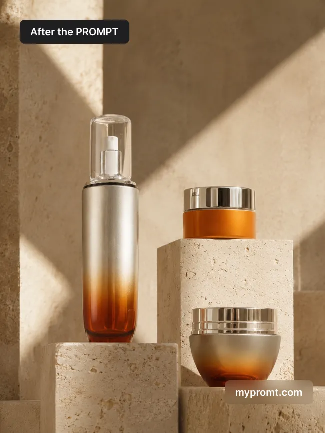 Cosmetic bottles staged at different heights on travertine blocks with a diagonal sunlight shadow