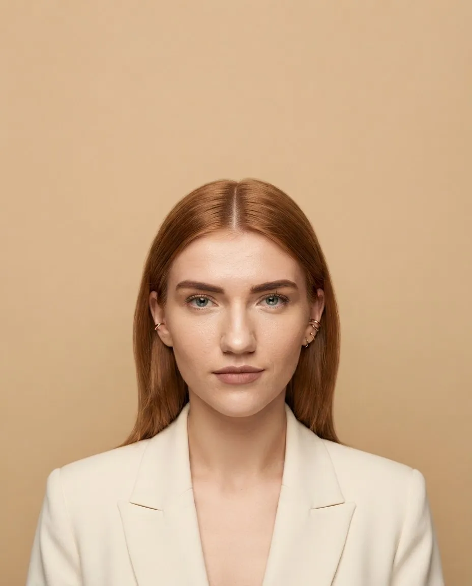 Studio portrait composed low in frame with clean space above the head for a magazine masthead