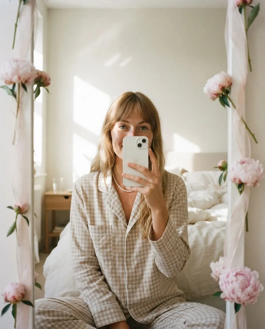 Mirror selfie in checked pyjamas in a sunlit bedroom, peonies tucked into the mirror frame