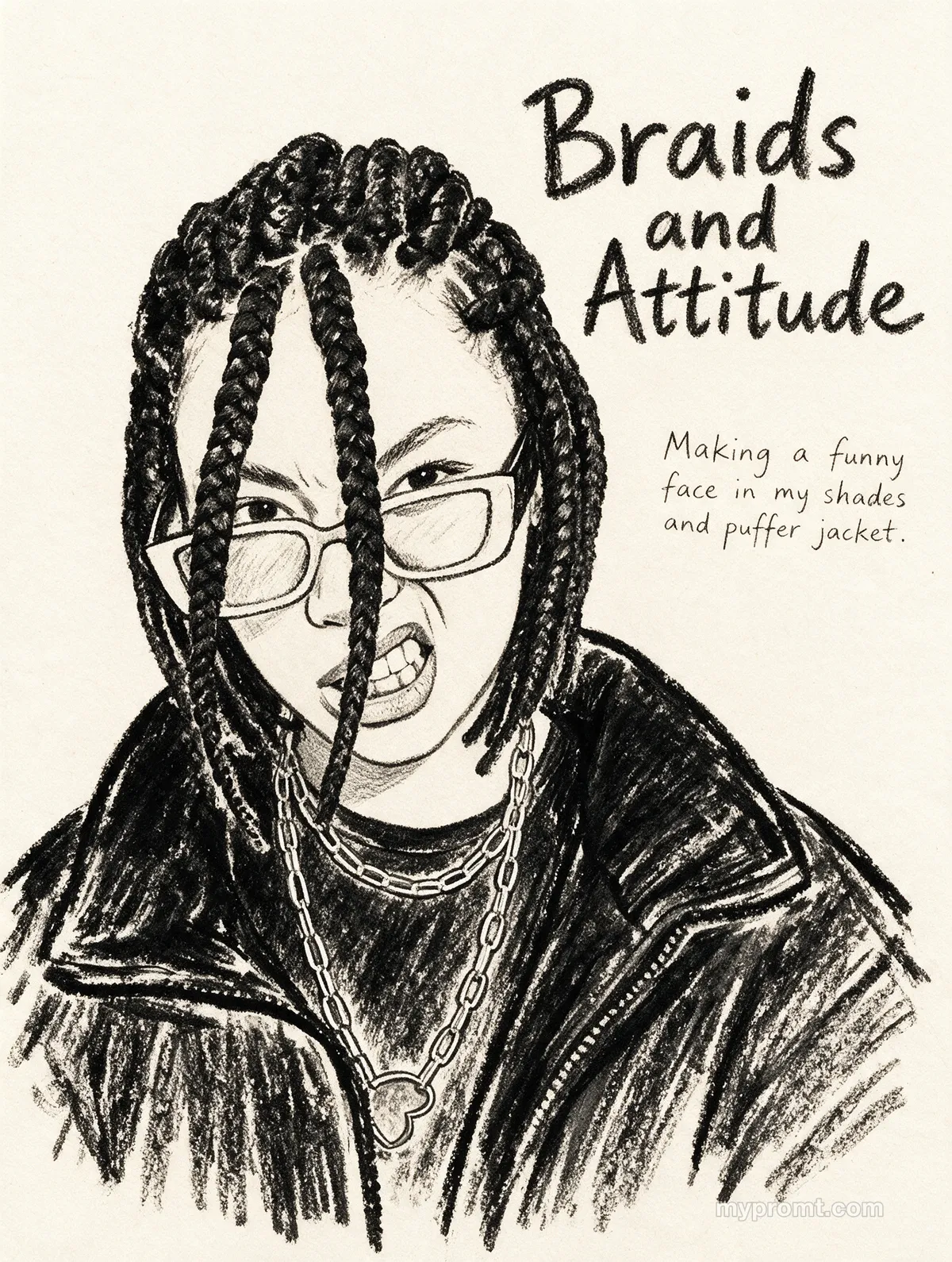 Monochrome crayon illustration on ivory paper of a person with braids and glasses, hand-lettered Braids and Attitude beside it