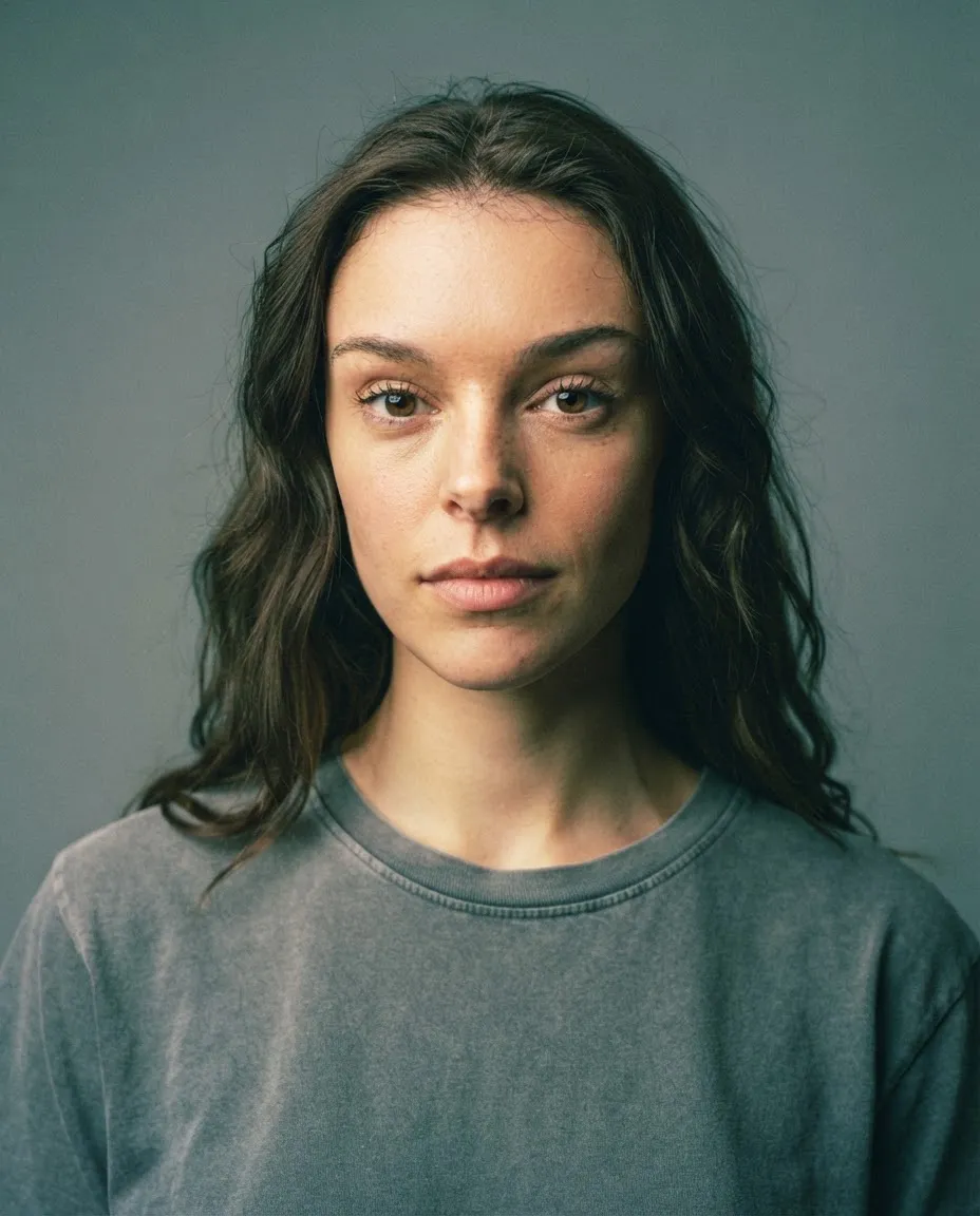 Studio portrait with a cross-processed film look — cyan shadows, warm highlights and heavy grain