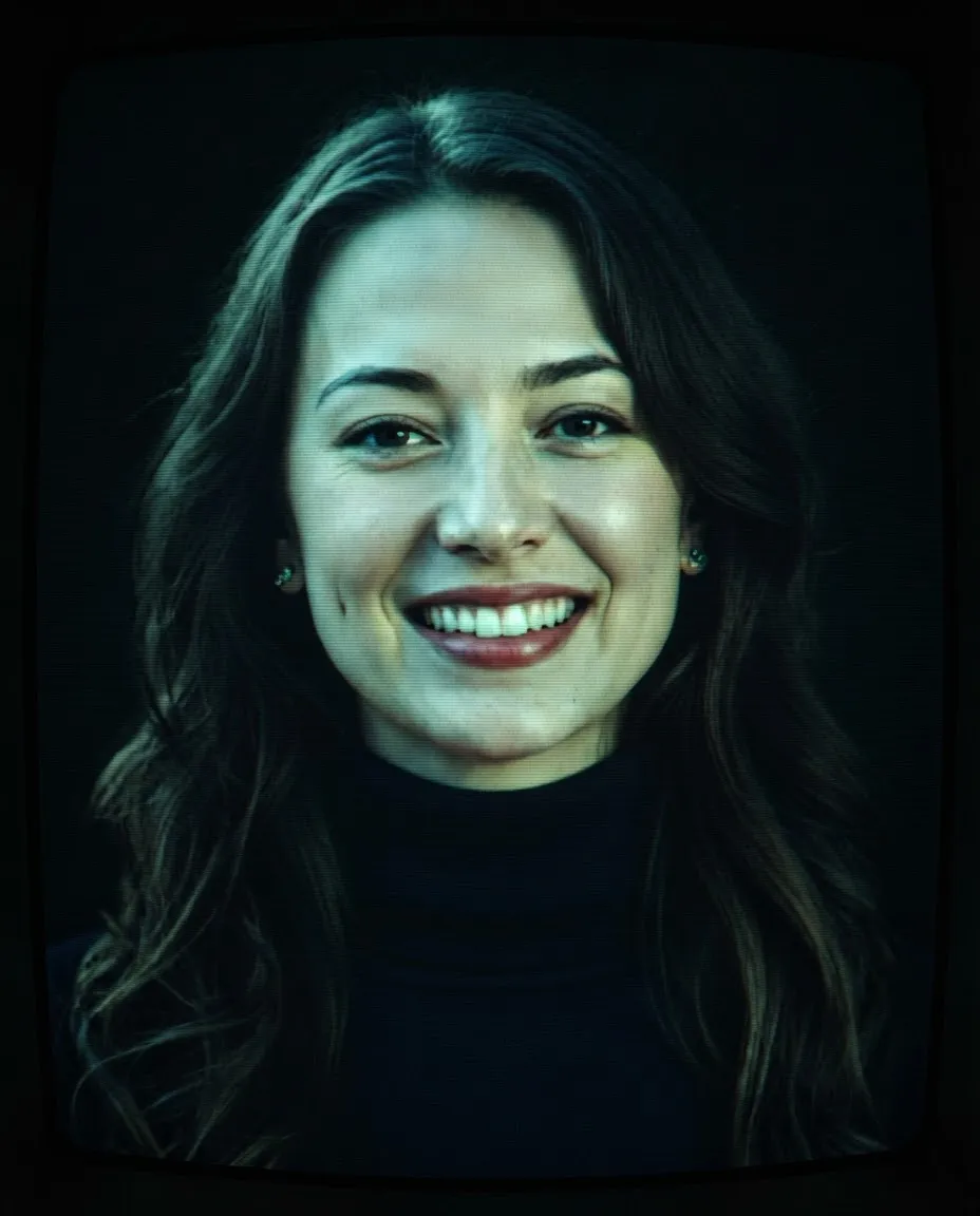 Portrait rendered with CRT scanlines, phosphor glow and slight colour bleed like an old tube monitor