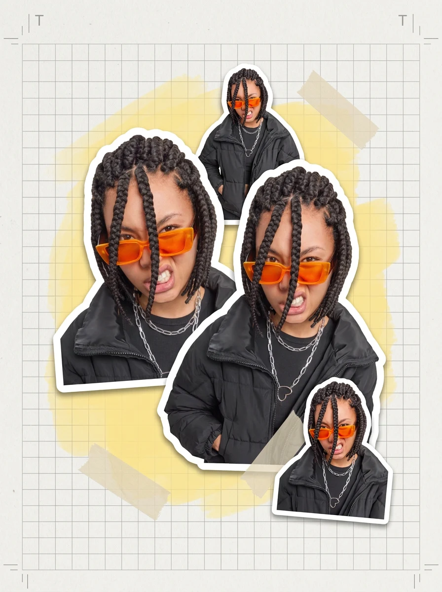 Portrait cut out several times as white-bordered stickers arranged on a graph paper page