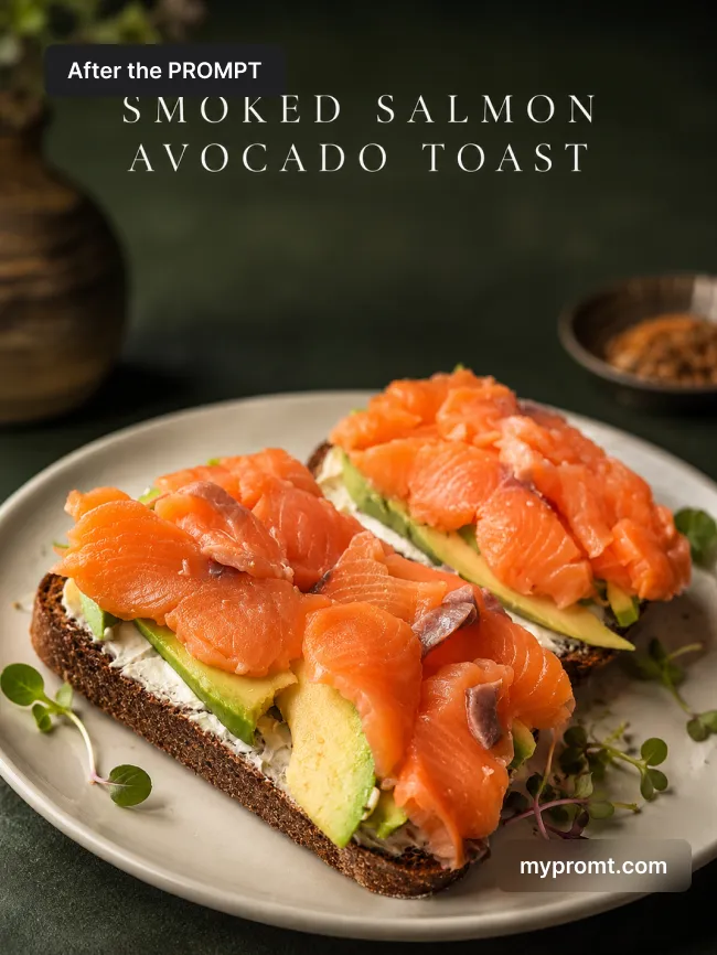 Smoked salmon avocado toast plated against a dark restaurant background with the dish name in serif type