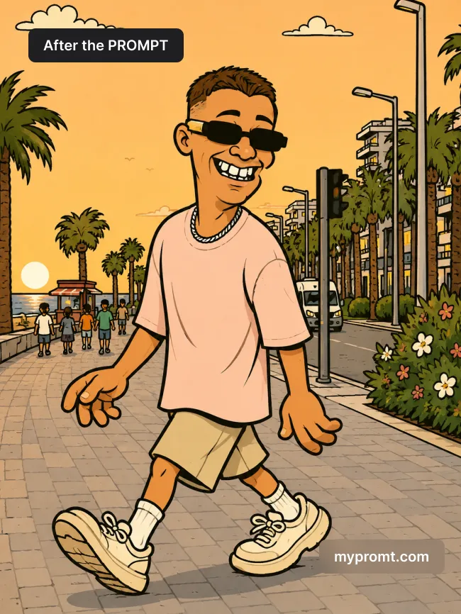 Cartoon version of the same man walking the promenade, thick black outlines and flat colour