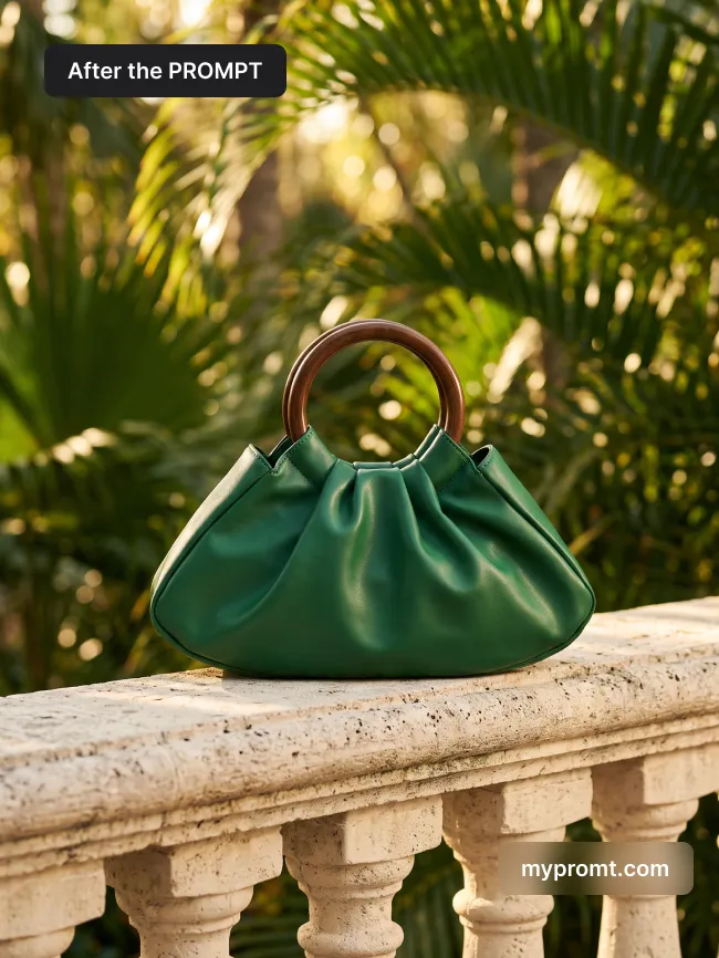 Green pleated handbag with a wooden handle on a cream stone balustrade, palm garden blurred behind