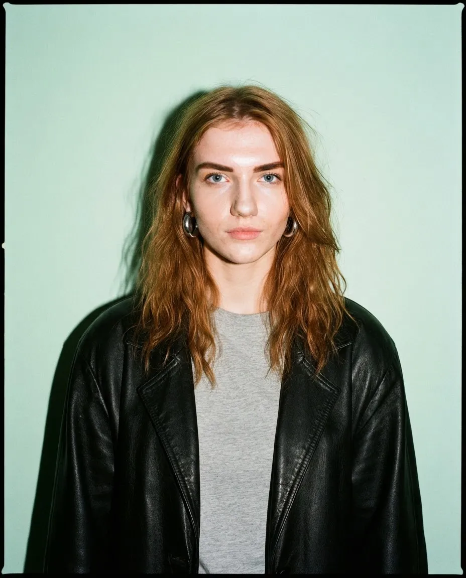 Editorial portrait shot with harsh direct on-camera flash and a hard shadow on the wall behind