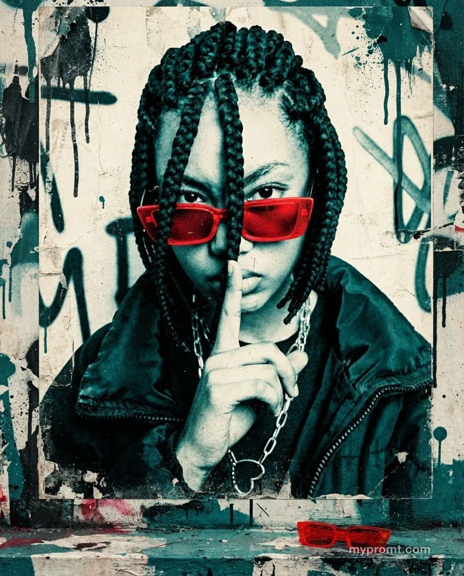 Distressed street art poster in teal, red and black of a person in red sunglasses raising one finger to their lips