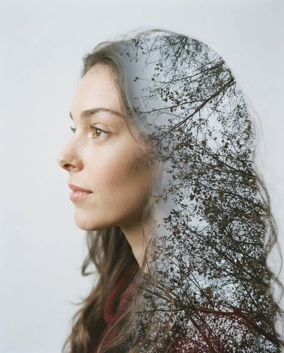 Double exposure portrait with a silhouette filled by branches and leaves