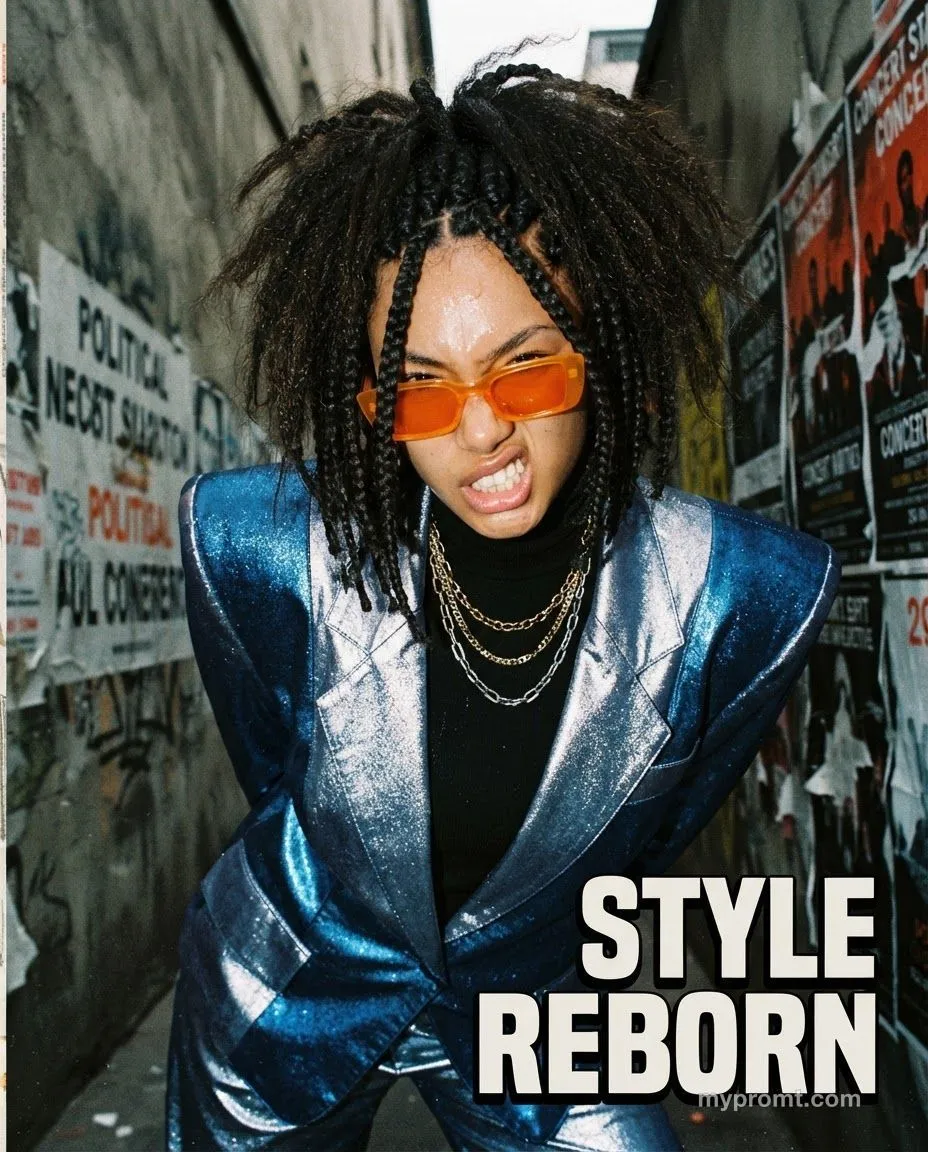 Eighties fashion editorial photo of a person in a metallic blue power suit and orange sunglasses shot with hard flash in an alley covered in posters