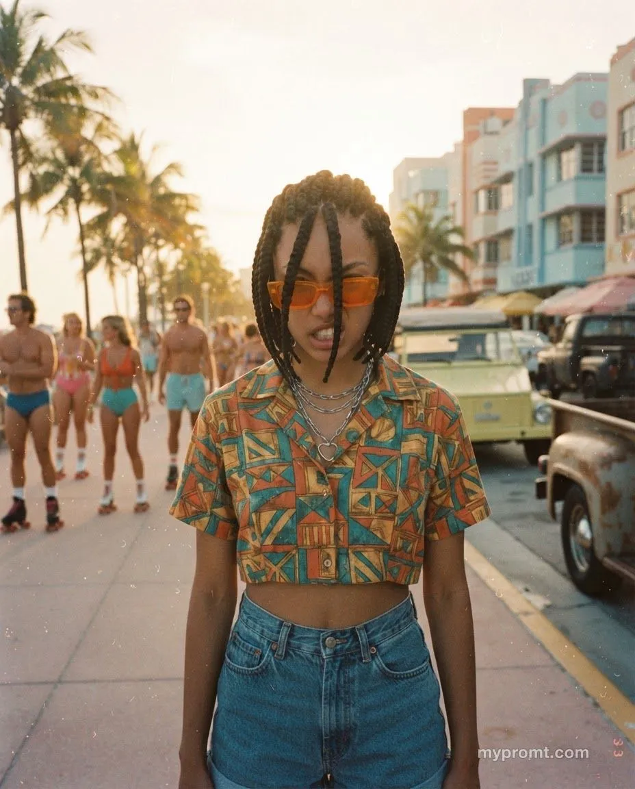 Eighties summer photo of a person in a geometric print shirt and high-waisted denim on a palm-lined beach promenade with vintage cars and roller skaters