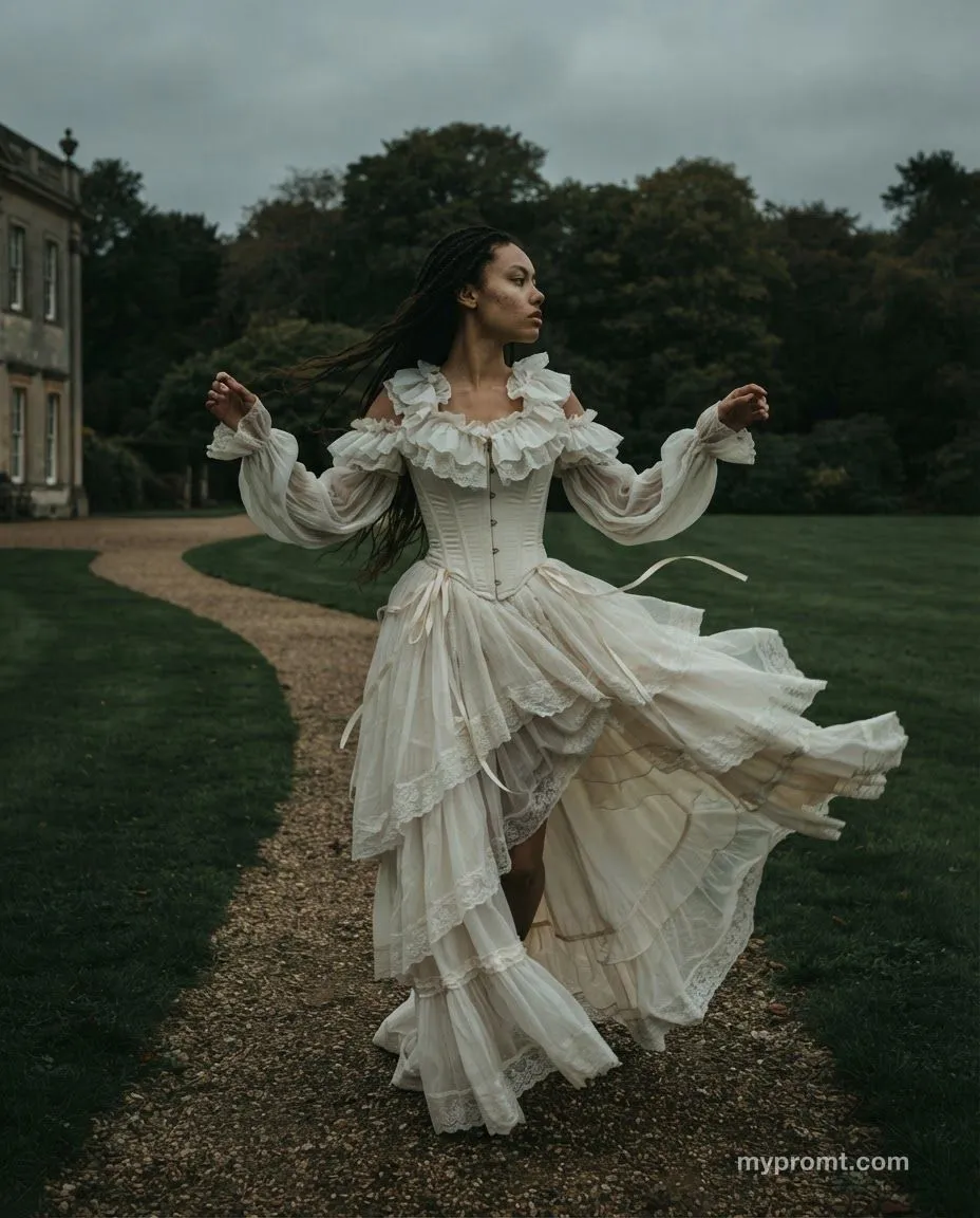 Woman in a layered off-white Victorian gown walking a gravel path in front of a stone mansion, fabric pulled sideways by the wind under overcast light