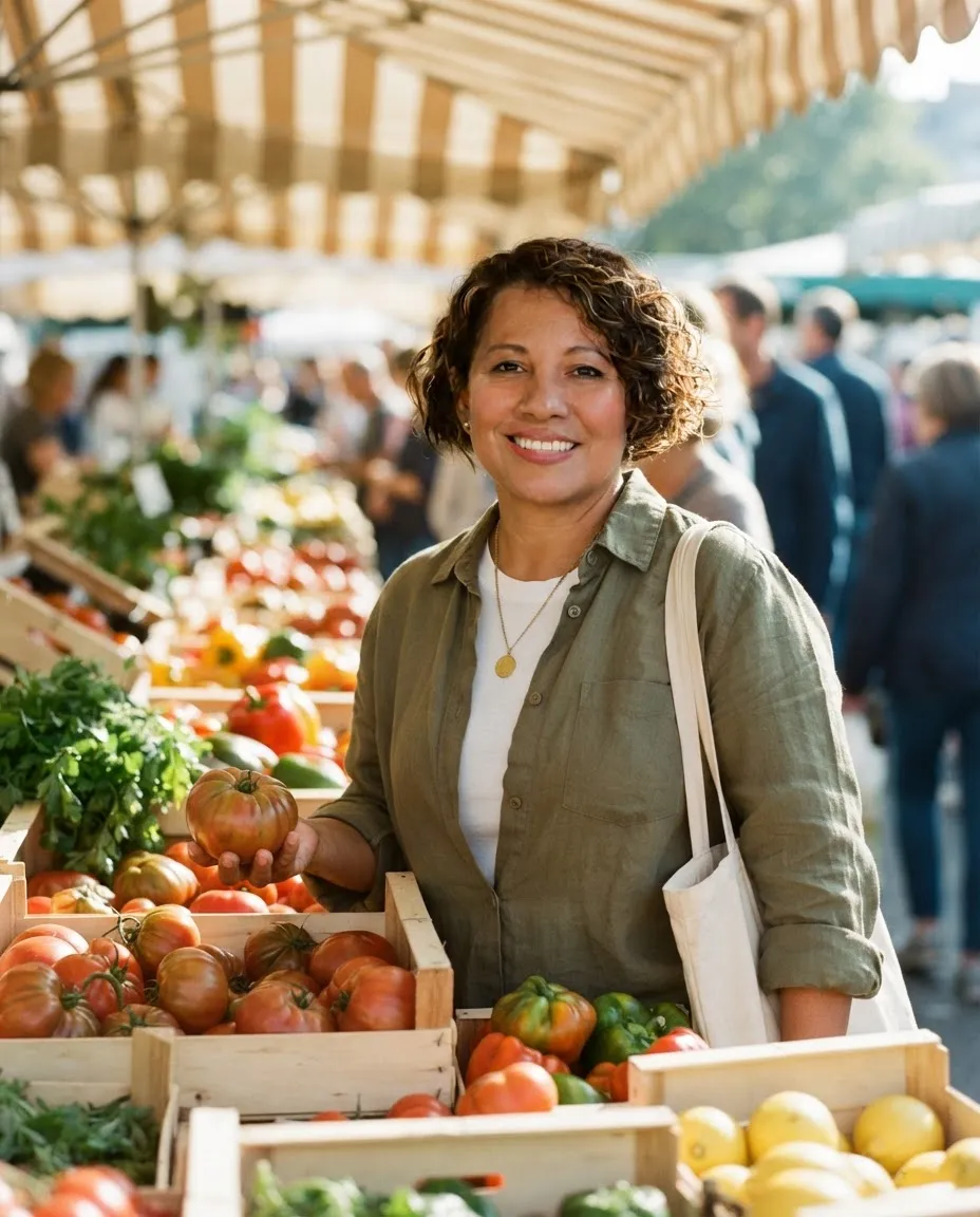 Woman with a canvas bag choosing vegetables at a sunlit farmers market stall