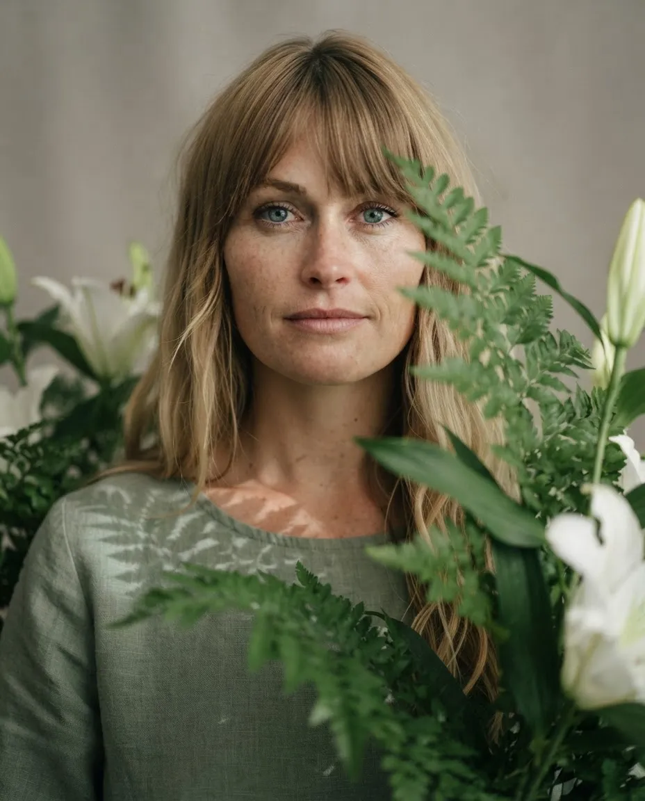 Studio portrait of a woman among fern fronds and white lilies in soft diffused light