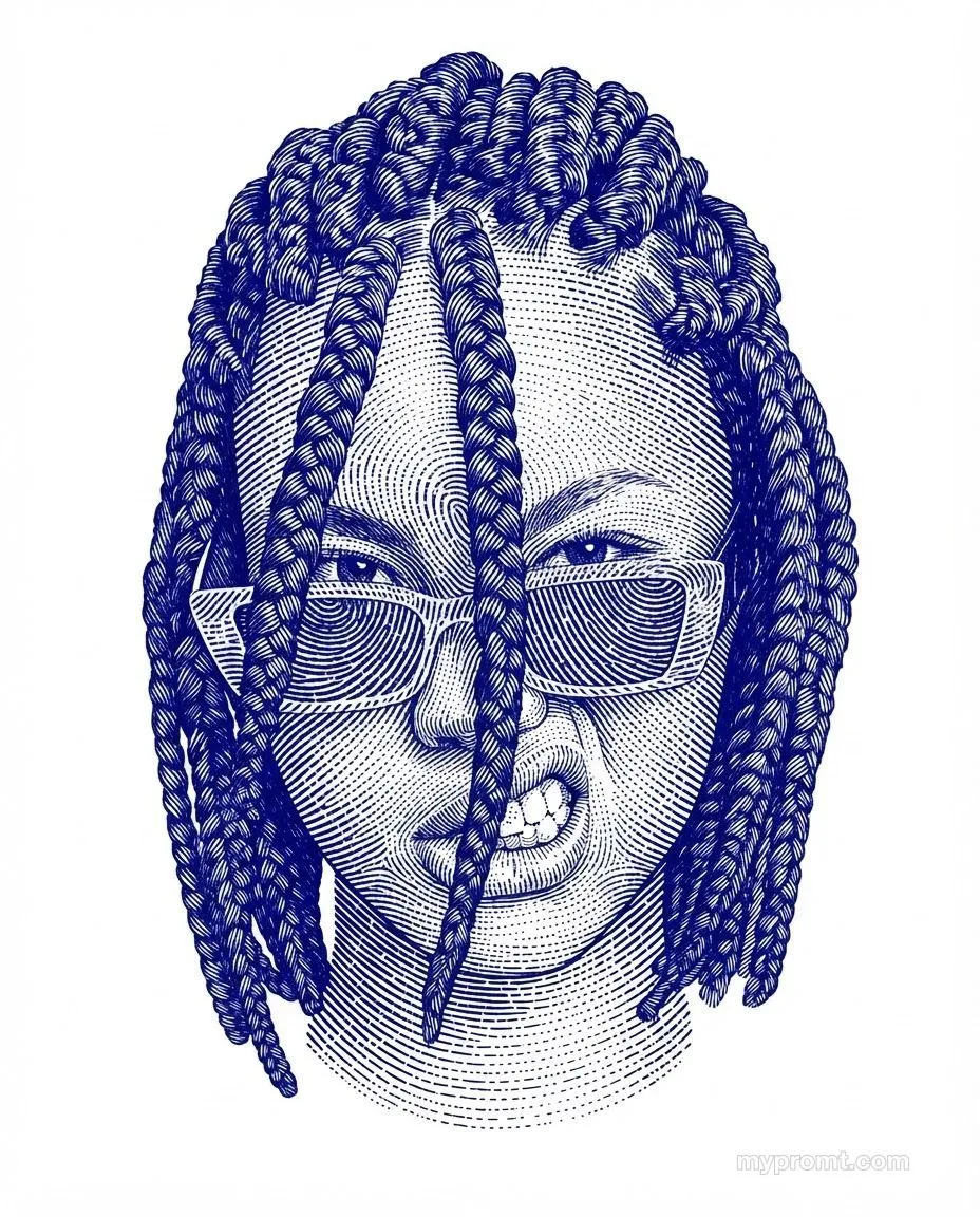 Portrait built from dense deep blue ridge lines on a white background, showing braided hair and rectangular glasses