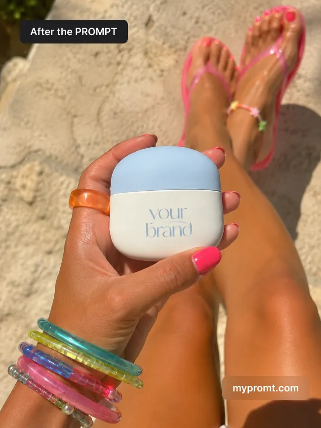First-person UGC beach product photo — AI prompt result (after)